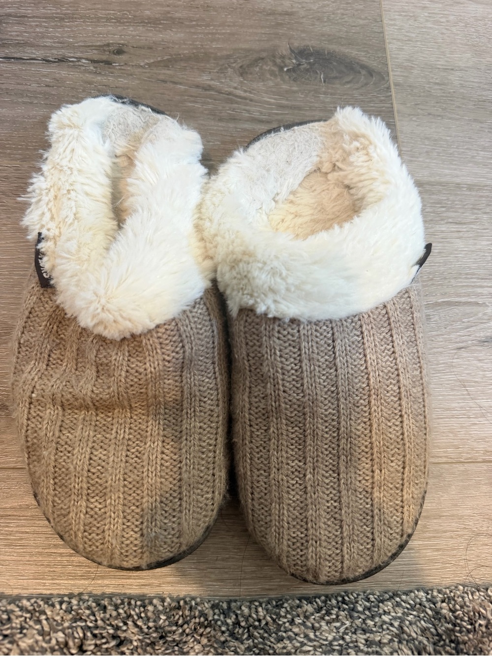 Muk Luks Women's Knit Slipper Clog in Light Brown with Cream Faux Fur